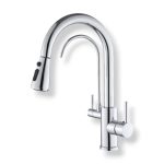 Upgrade your kitchen with our sleek 2-in-1 faucet, featuring an integrated filter and a versatile pull-down sprayer. The 18-inch hose and multiple spray settings make cleaning effortless, while the dual handle design ensures easy operation. Includes a sink hole cover plate and clamps for hassle-free installation with your Kangen Water machine. Made from lead-free solid brass with a Polished chrome finish for durability and style.