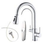 Upgrade your kitchen with our sleek 2-in-1 faucet, featuring an integrated filter and a versatile pull-down sprayer. The 18-inch hose and multiple spray settings make cleaning effortless, while the dual handle design ensures easy operation. Includes a sink hole cover plate and clamps for hassle-free installation with your Kangen Water machine. Made from lead-free solid brass with a Polished chrome finish for durability and style.