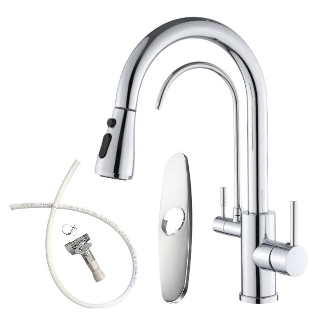 2 in 1 kitchen faucet polished chrome kit Upgrade your kitchen with our sleek 2-in-1 faucet, featuring an integrated filter and a versatile pull-down sprayer. The 18-inch hose and multiple spray settings make cleaning effortless, while the dual handle design ensures easy operation. Includes a sink hole cover plate and clamps for hassle-free installation with your Kangen Water machine. Made from lead-free solid brass with a Polished chrome finish for durability and style.
