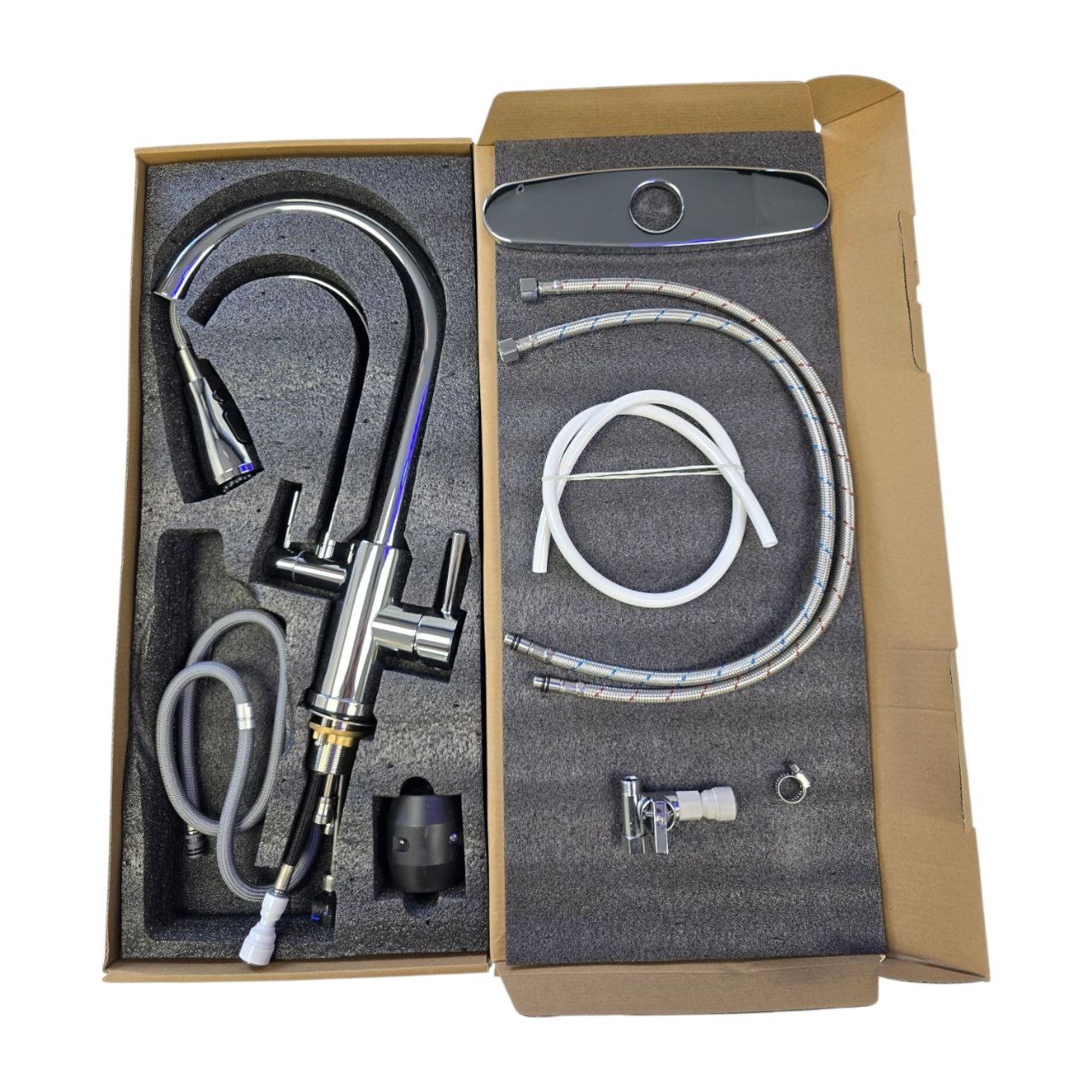 2 in 1 kitchen faucet polished chrome package Upgrade your kitchen with our sleek 2-in-1 faucet, featuring an integrated filter and a versatile pull-down sprayer. The 18-inch hose and multiple spray settings make cleaning effortless, while the dual handle design ensures easy operation. Includes a sink hole cover plate and clamps for hassle-free installation with your Kangen Water machine. Made from lead-free solid brass with a Polished chrome finish for durability and style.