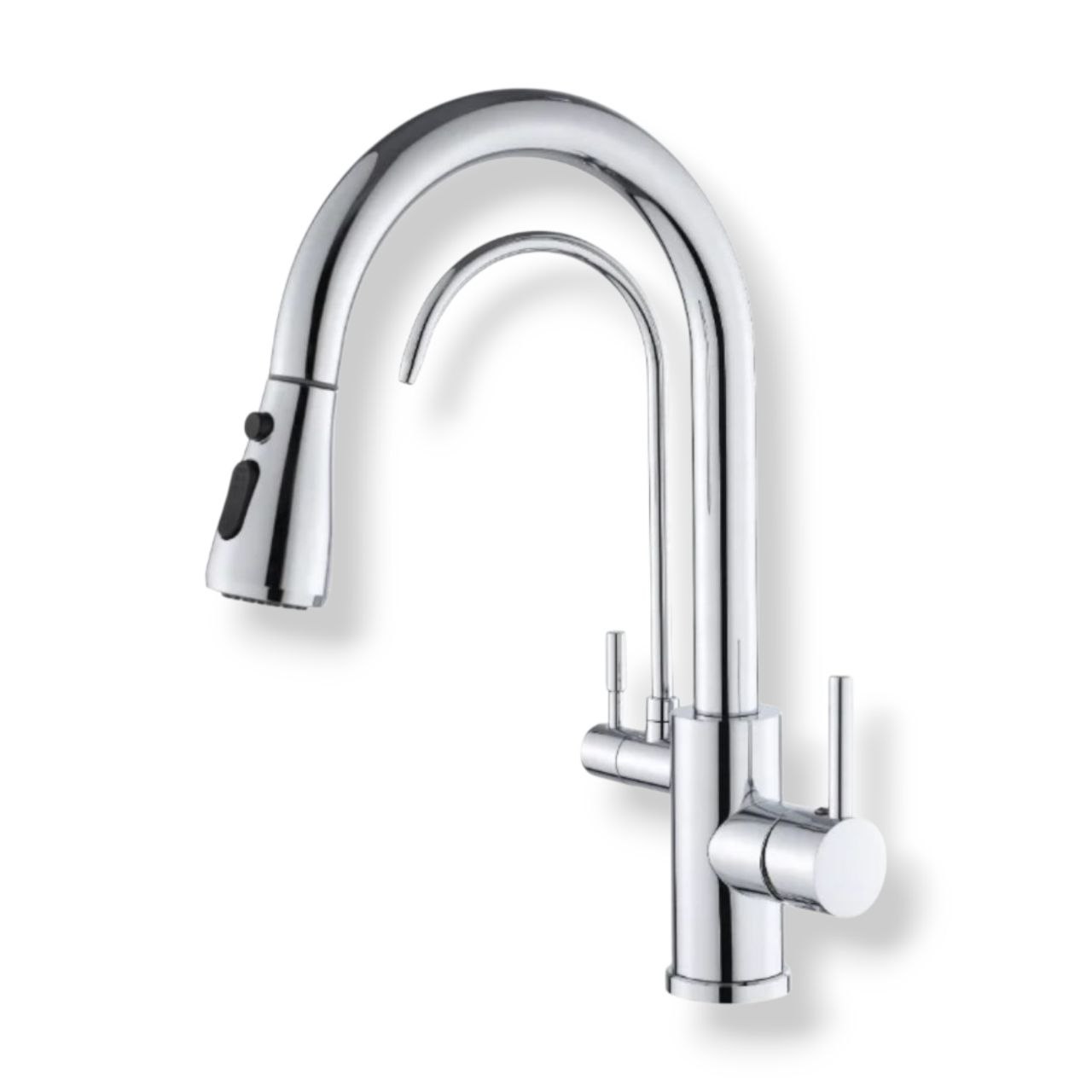2 in 1 kitchen faucet polished chrome Upgrade your kitchen with our sleek 2-in-1 faucet, featuring an integrated filter and a versatile pull-down sprayer. The 18-inch hose and multiple spray settings make cleaning effortless, while the dual handle design ensures easy operation. Includes a sink hole cover plate and clamps for hassle-free installation with your Kangen Water machine. Made from lead-free solid brass with a Polished chrome finish for durability and style.
