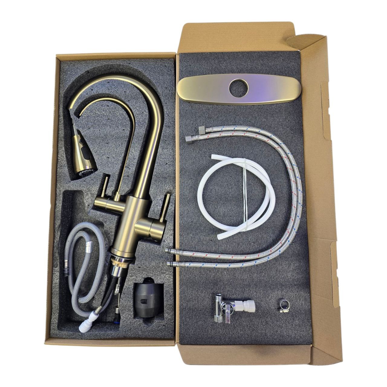 2 in1 kitchen faucet brushed gold packaging 2 in 1 Kitchen Faucet Kit-Brushed Gold - Image 3